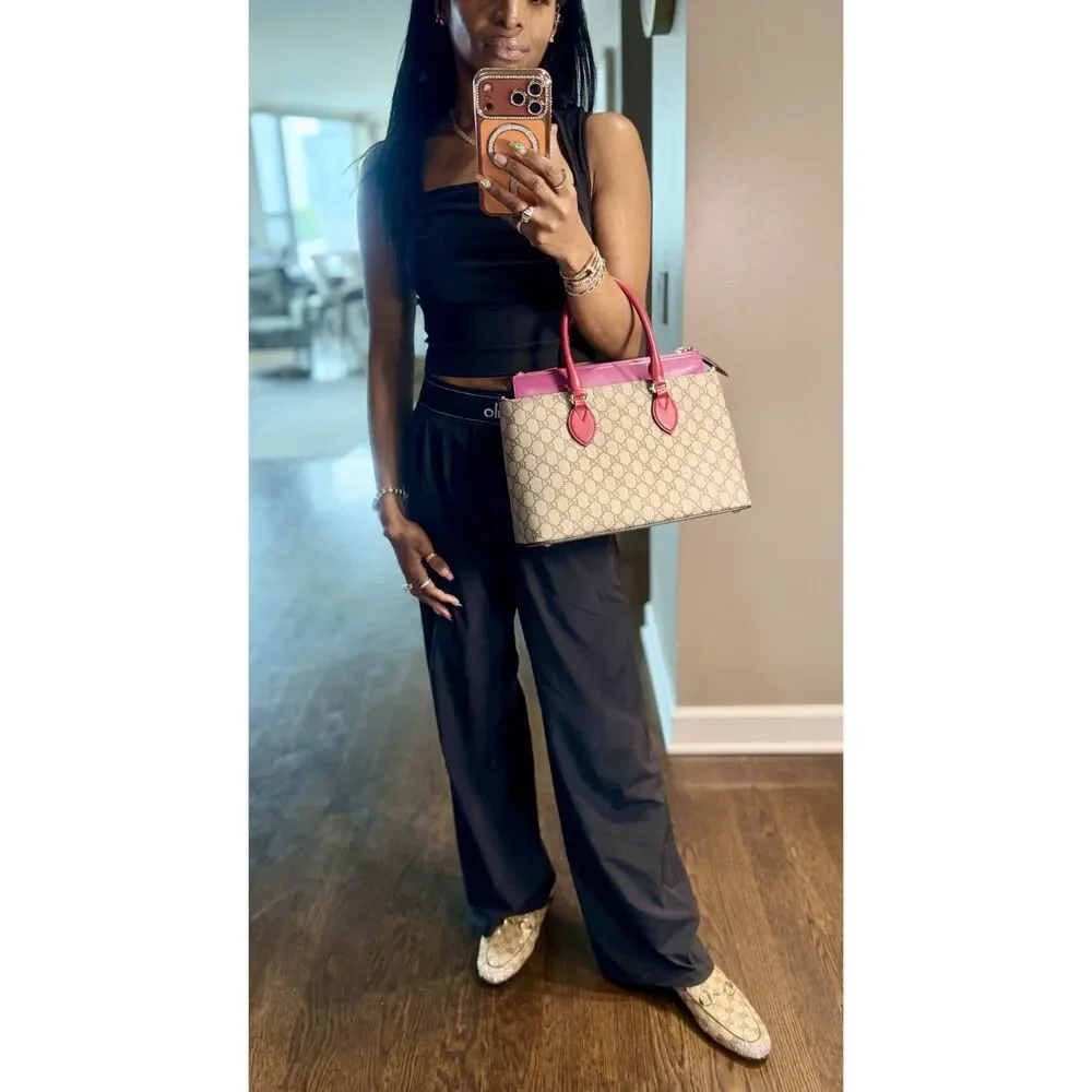 Authentic Gucci GG Supreme Tote Multicolor Pink Leather Top Handle Crossbody